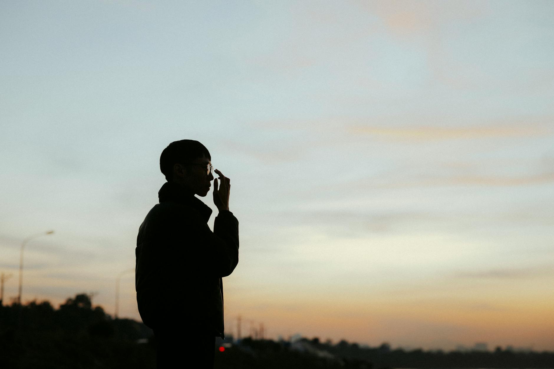 A man in silhouette adjusting his glasses at twilight, creating a dramatic outdoor scene — TransferCredit.org