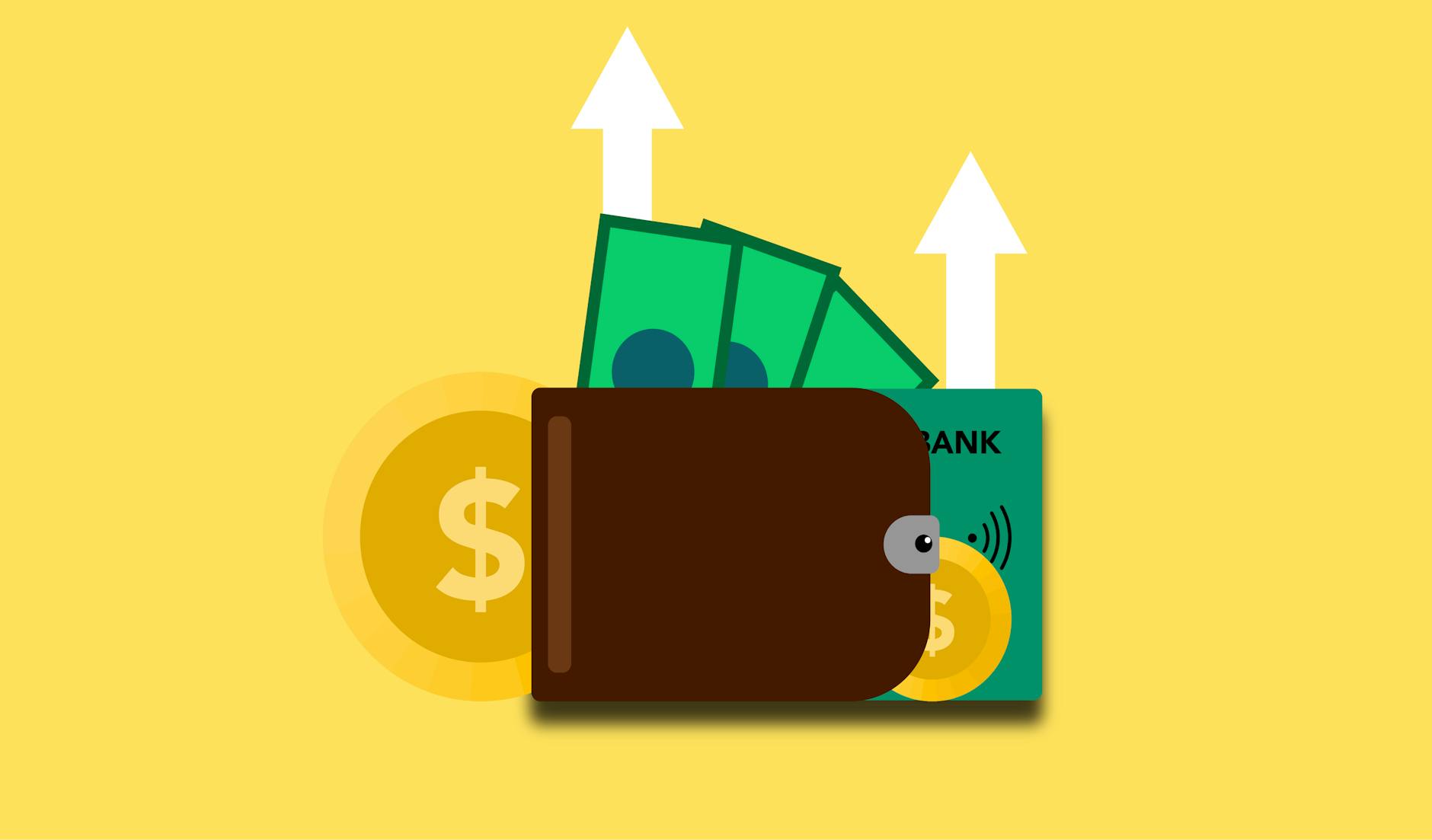 Illustration of wallet with money banknotes coins and bank card in wallet with arrows up showing income growth on yellow background — TransferCredit.org