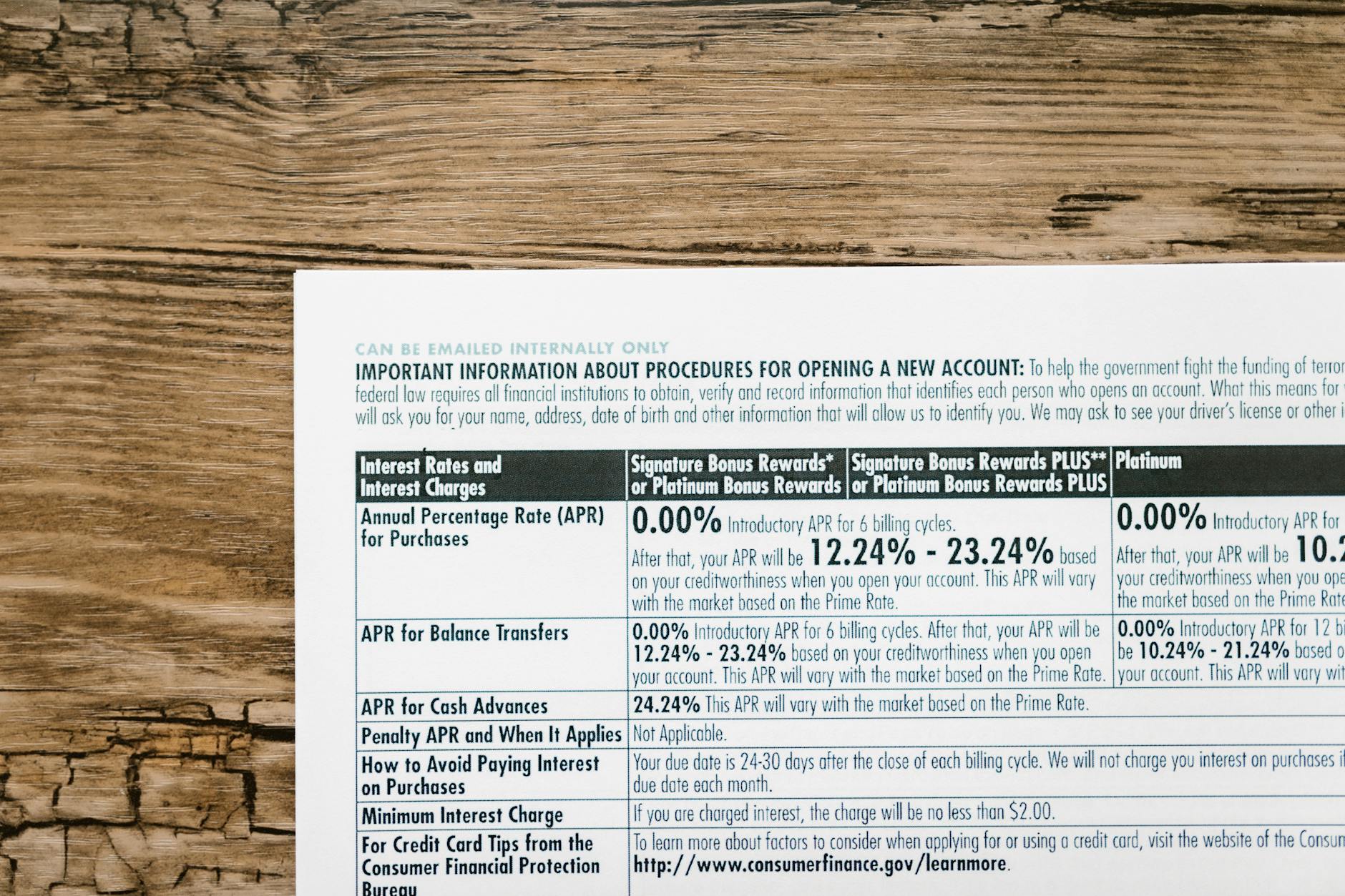 A detailed financial document listing interest rates on a textured wooden table — TransferCredit.org