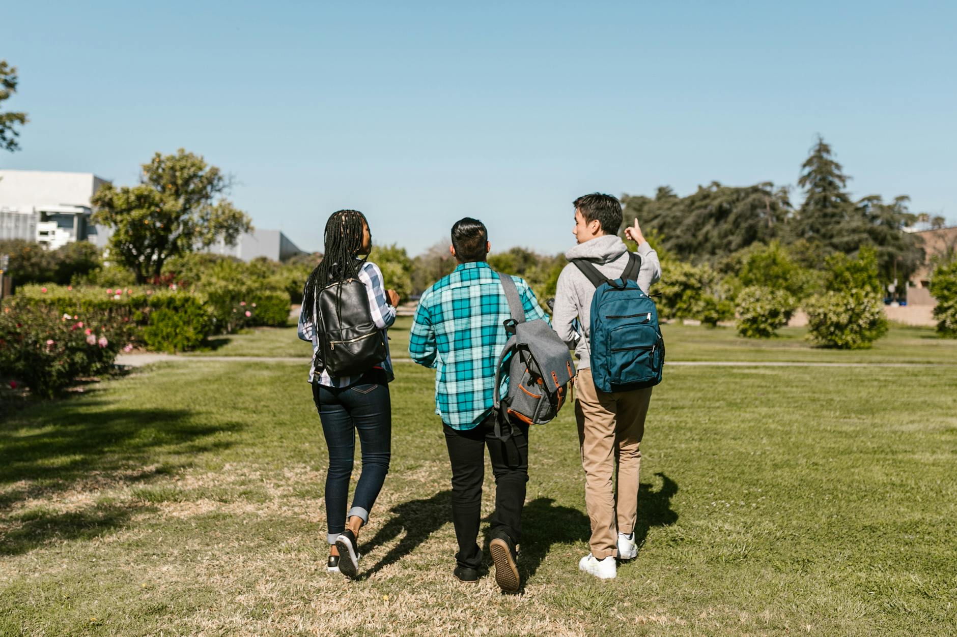 Group of college students walking together outdoors on a sunny day, with backpacks and casual attire — TransferCredit.org