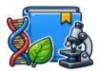 CLEP Biology study guide: illustration of a DNA helix, a leaf and a microscope in front of a study booklet