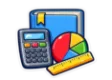 CLEP College Mathematics study guide: illustration of a calculator, a pie chart and a ruler in front of a study booklet
