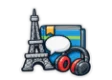 CLEP French Language study guide: illustration of the Eiffel Tower, a speech bubble and headphones in front of a study booklet