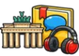 CLEP German Language study guide: illustration of the Brandenburg Gate, a speech bubble and headphones in front of a study booklet