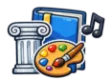 CLEP Humanities study guide: illustration of a Greek column, a palette and a music note in front of a study booklet