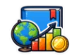 CLEP Macroeconomics study guide: illustration of a globe, a rising bar chart and a coin in front of a study booklet