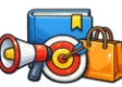 CLEP Principles of Marketing study guide: illustration of a megaphone, a target and a shopping bag in front of a study booklet