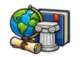 CLEP Social Sciences and History study guide: illustration of a globe, a scroll and a column in front of a study booklet