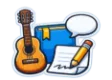 CLEP Spanish with Writing study guide: illustration of a guitar, a speech bubble and a pencil on paper in front of a study booklet