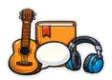 CLEP Spanish Language study guide: illustration of a guitar, a speech bubble and headphones in front of a study booklet
