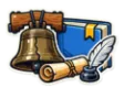 CLEP U.S. History I study guide: illustration of the Liberty Bell, a parchment and a quill in front of a study booklet