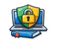 DSST Fundamentals of Cybersecurity study guide: illustration of a padlock shield and a laptop in front of a study booklet