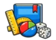 DSST Math for Liberal Arts study guide: illustration of a ruler, a protractor, a pie chart and dice in front of a study booklet