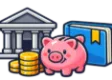 DSST Money and Banking study guide: illustration of a bank building, a piggy bank and coins in front of a study booklet