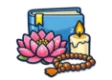 DSST World Religions study guide: illustration of a lotus flower, a candle and prayer beads in front of a study booklet