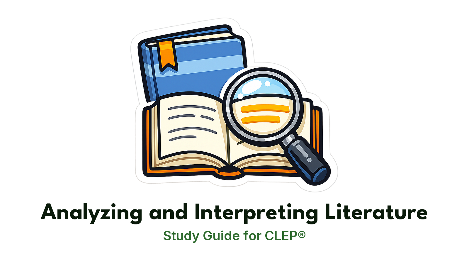 CLEP Analyzing and Interpreting Literature study guide: illustration of a magnifying glass over an open book in front of a study booklet