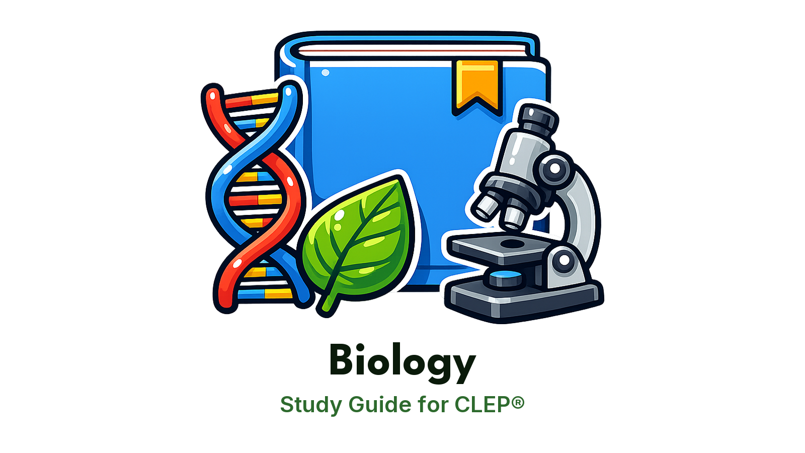 CLEP Biology study guide: illustration of a DNA helix, a leaf and a microscope in front of a study booklet