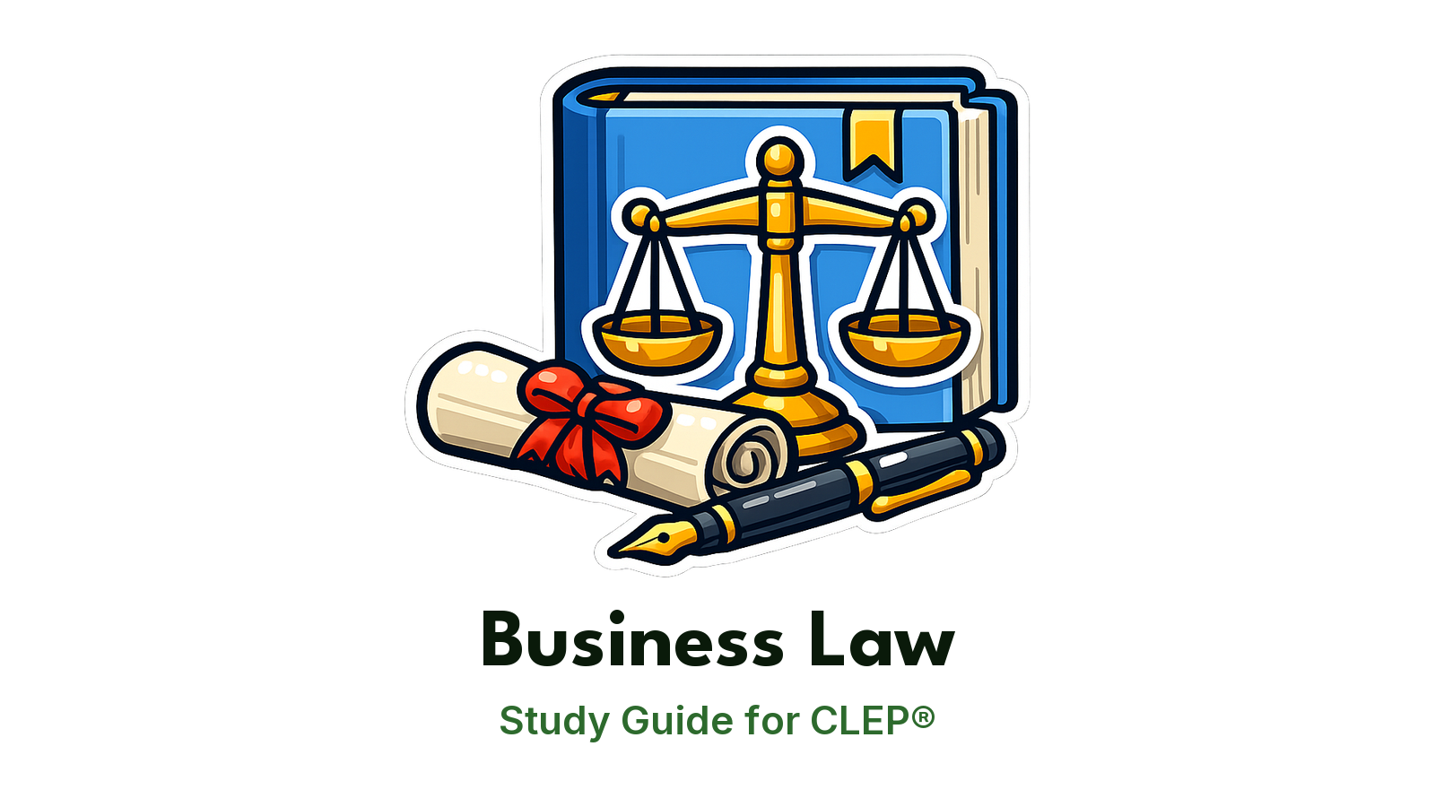 CLEP Business Law study guide: illustration of a scale of justice and a contract in front of a study booklet