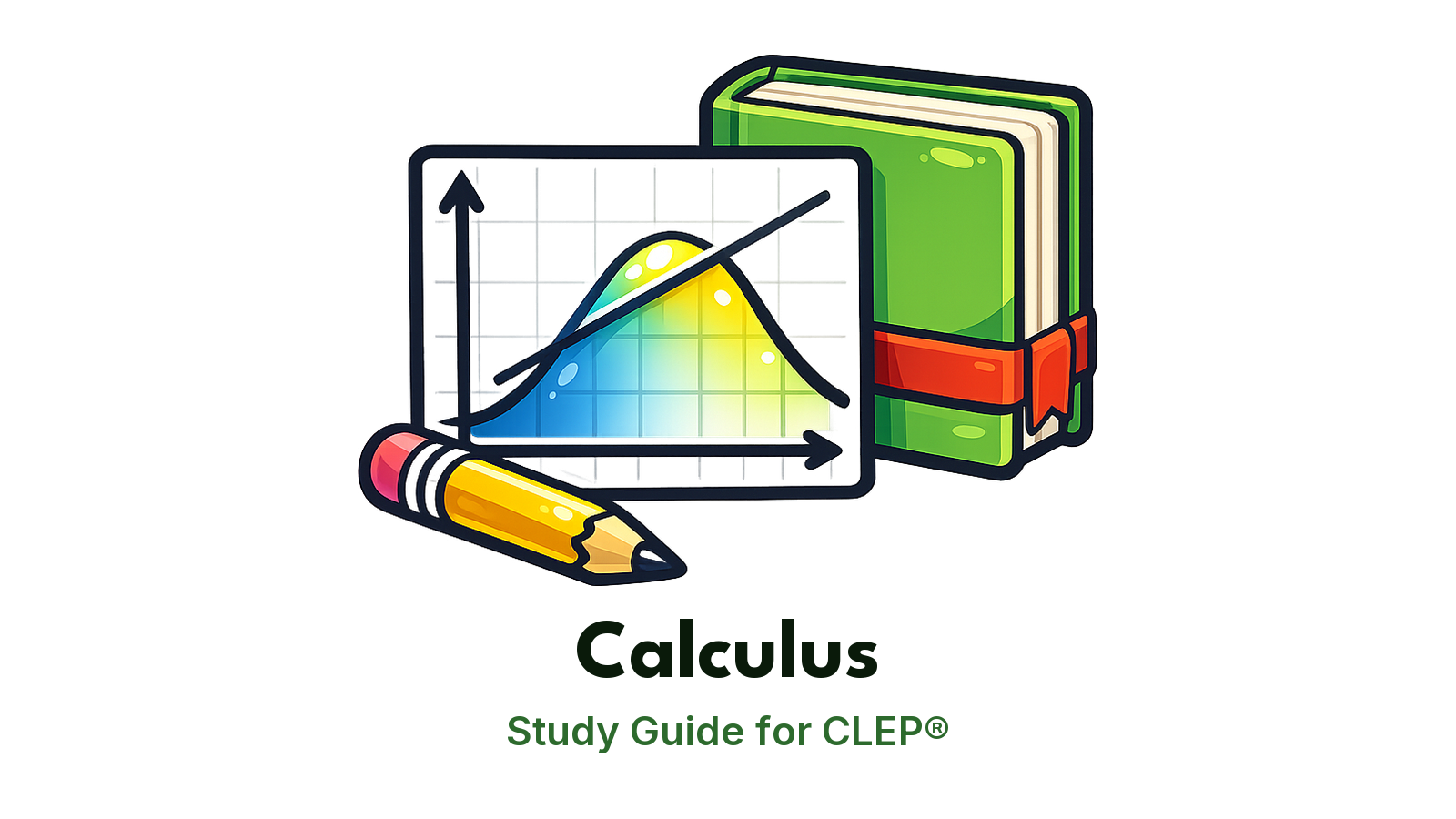 CLEP Calculus study guide: illustration of a curve with a tangent line on a graph in front of a study booklet