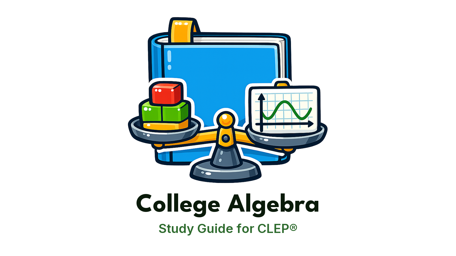CLEP College Algebra study guide: illustration of a balance scale with blocks and a parabola graph in front of a study booklet