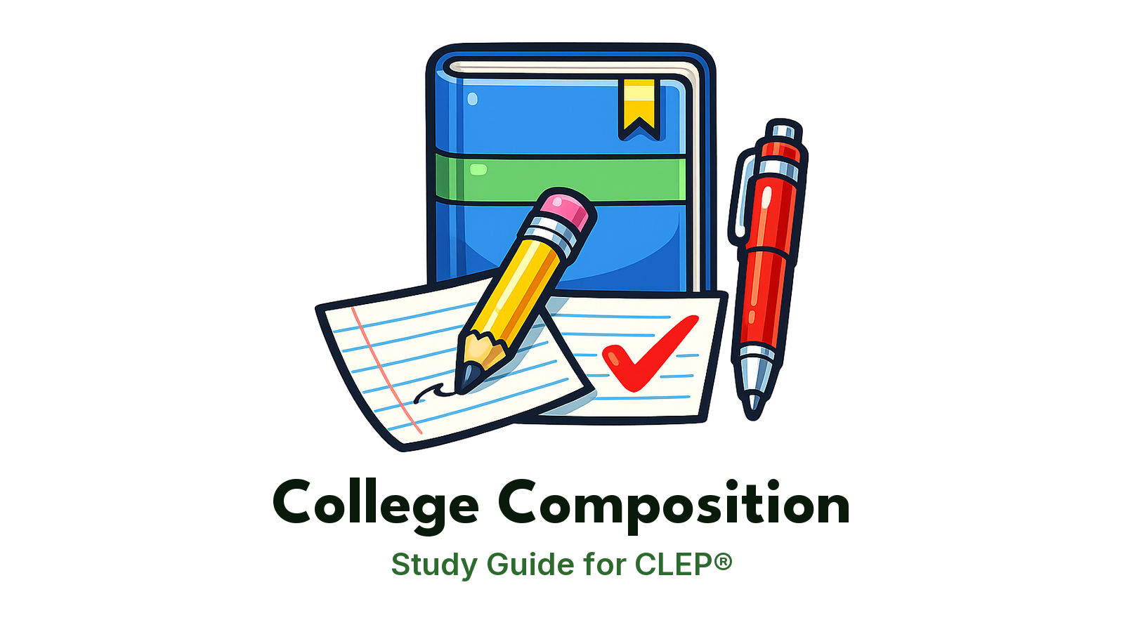 CLEP College Composition study guide: illustration of a pencil writing on lined paper in front of a study booklet