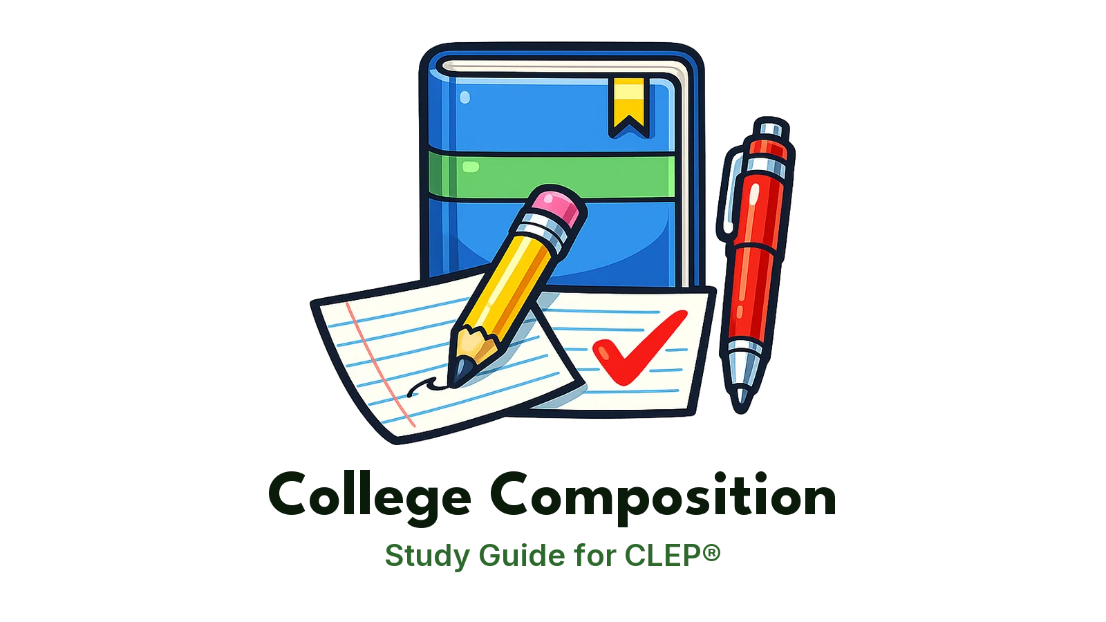 CLEP College Composition study guide: illustration of a pencil writing on lined paper in front of a study booklet