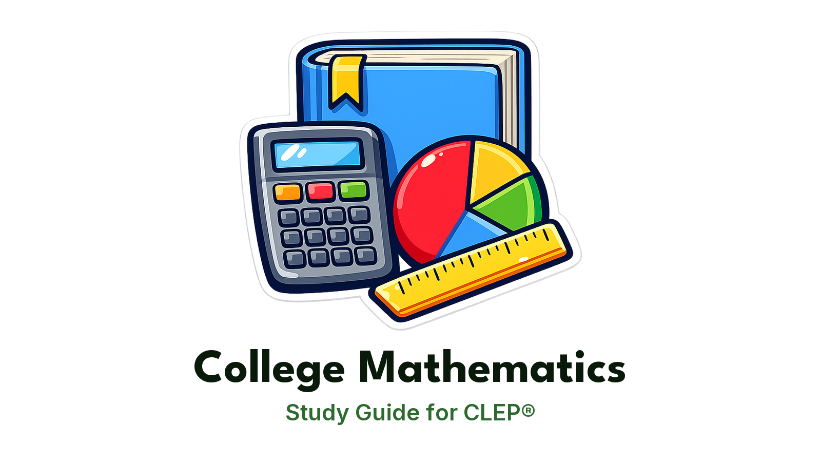CLEP College Mathematics study guide: illustration of a calculator, a pie chart and a ruler in front of a study booklet