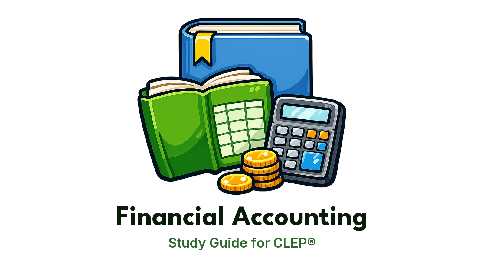CLEP Financial Accounting study guide: illustration of a ledger, a calculator and coins in front of a study booklet