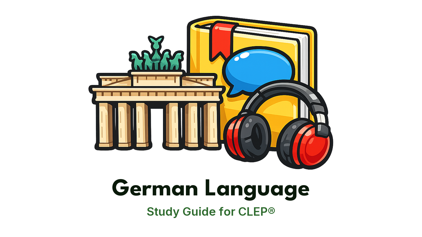 CLEP German Language study guide: illustration of the Brandenburg Gate, a speech bubble and headphones in front of a study booklet