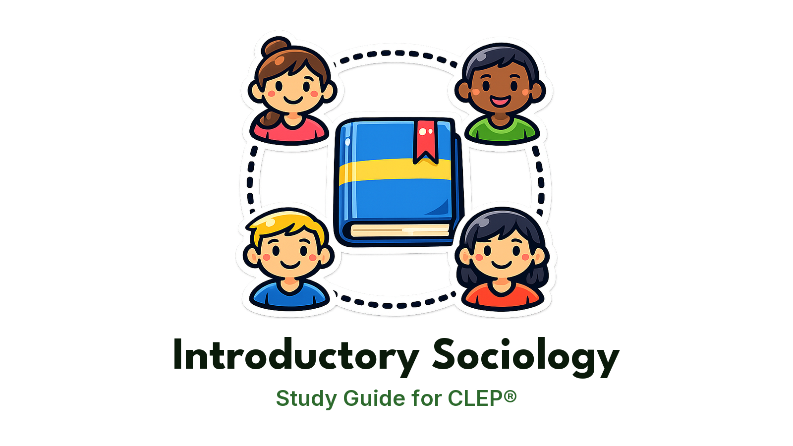 CLEP Introductory Sociology study guide: illustration of a group of connected people figures in front of a study booklet