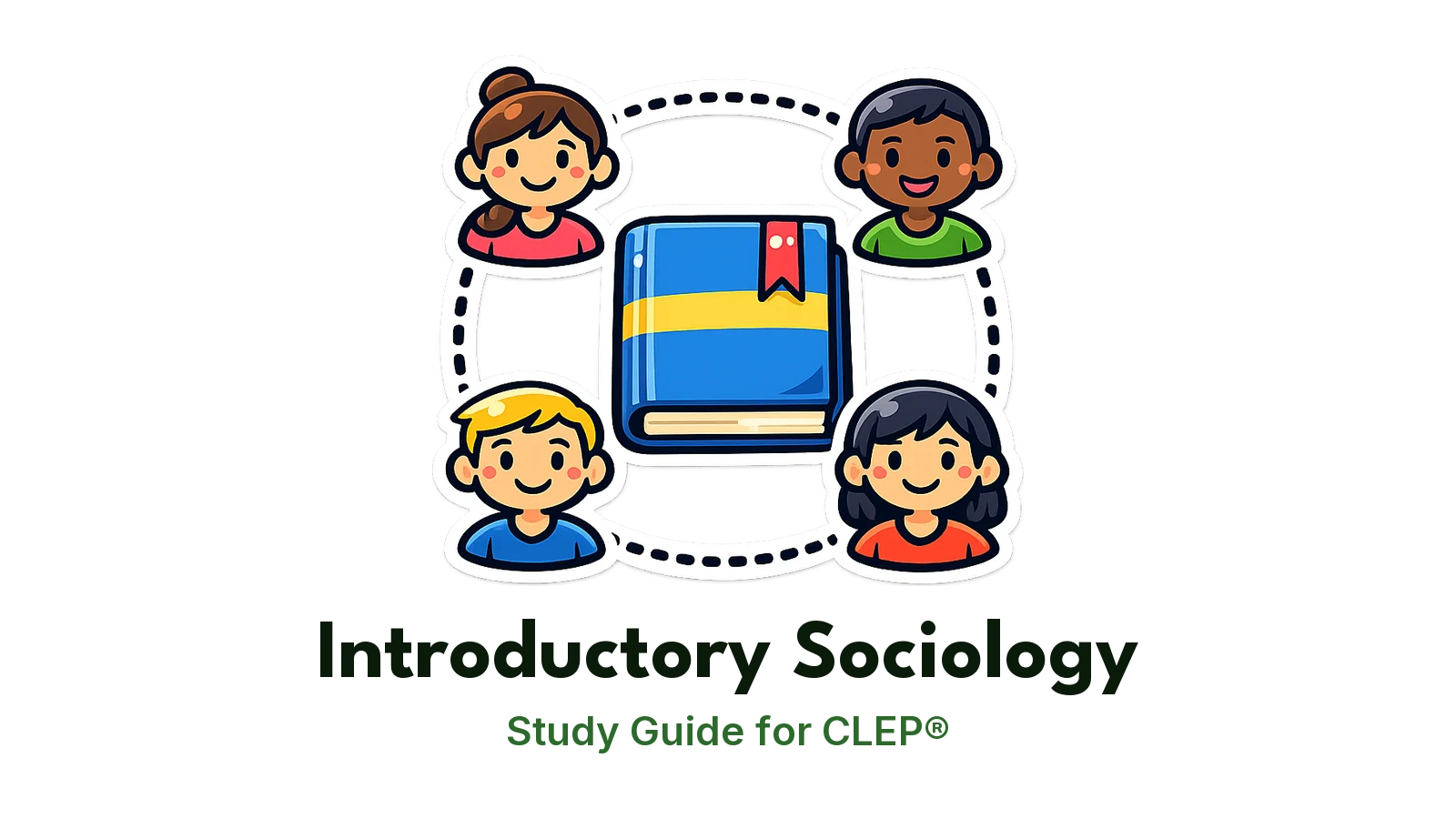 CLEP Introductory Sociology study guide: illustration of a group of connected people figures in front of a study booklet