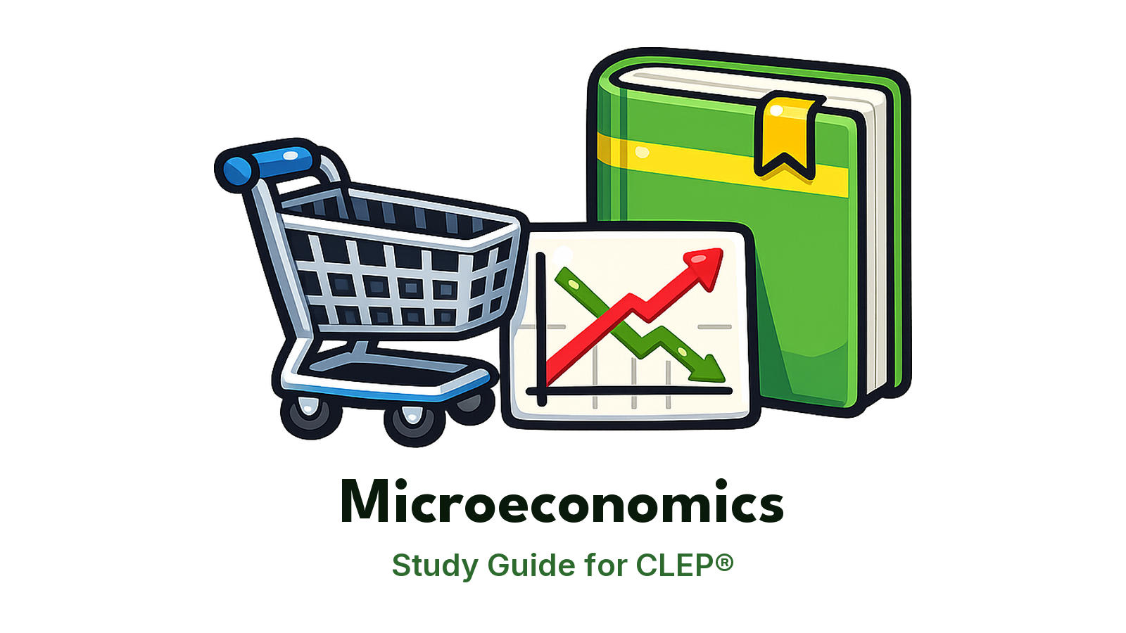 CLEP Microeconomics study guide: illustration of a shopping cart and a supply-and-demand graph in front of a study booklet