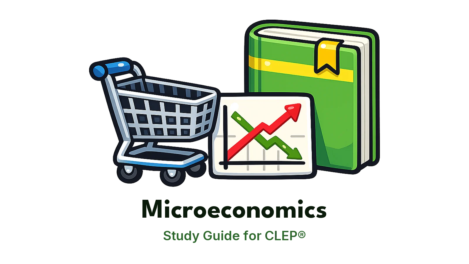 CLEP Microeconomics study guide: illustration of a shopping cart and a supply-and-demand graph in front of a study booklet
