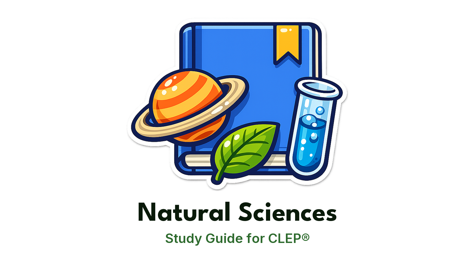 CLEP Natural Sciences study guide: illustration of a planet, a leaf and a test tube in front of a study booklet