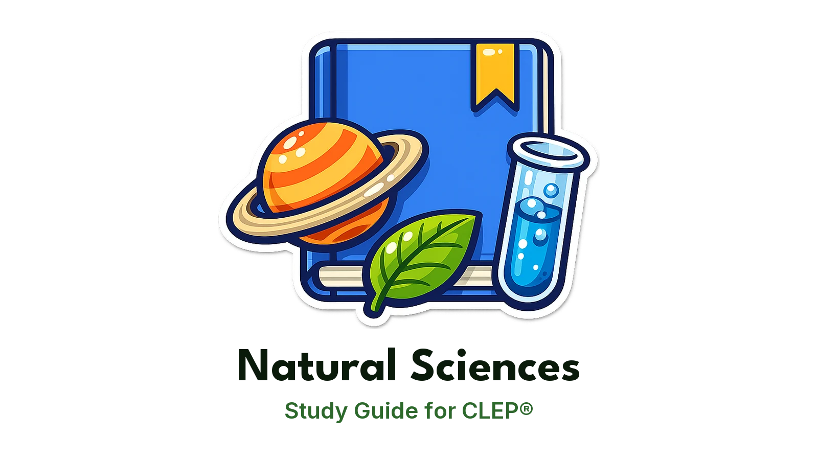 CLEP Natural Sciences study guide: illustration of a planet, a leaf and a test tube in front of a study booklet