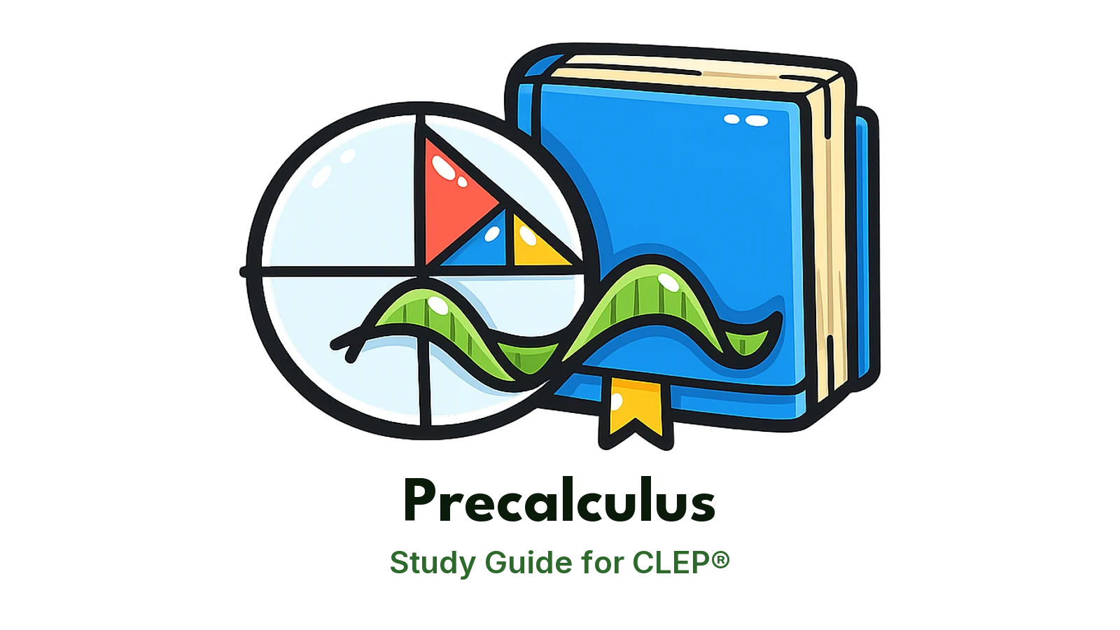 CLEP Precalculus study guide: illustration of a unit circle and a sine wave in front of a study booklet