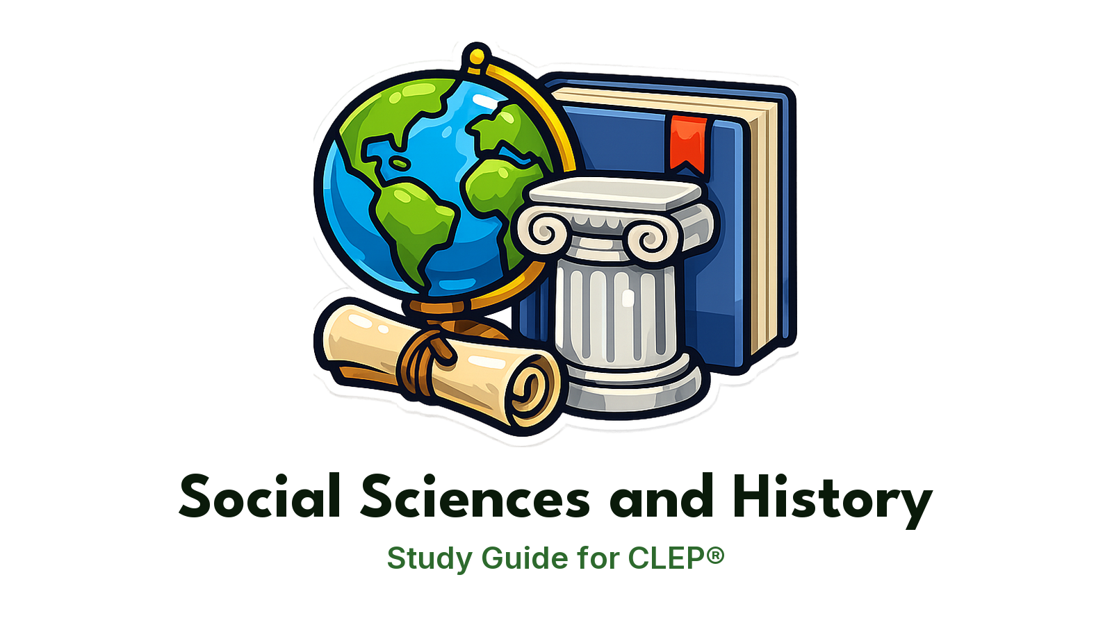 CLEP Social Sciences and History study guide: illustration of a globe, a scroll and a column in front of a study booklet