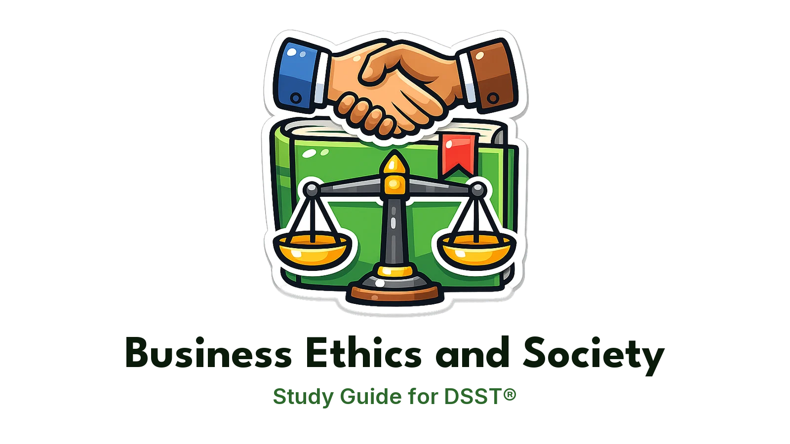 DSST Business Ethics and Society study guide: illustration of a handshake and a balanced scale in front of a study booklet