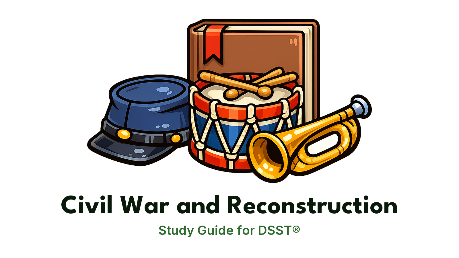 DSST Civil War and Reconstruction study guide: illustration of a Civil War cap, a drum and a bugle in front of a study booklet