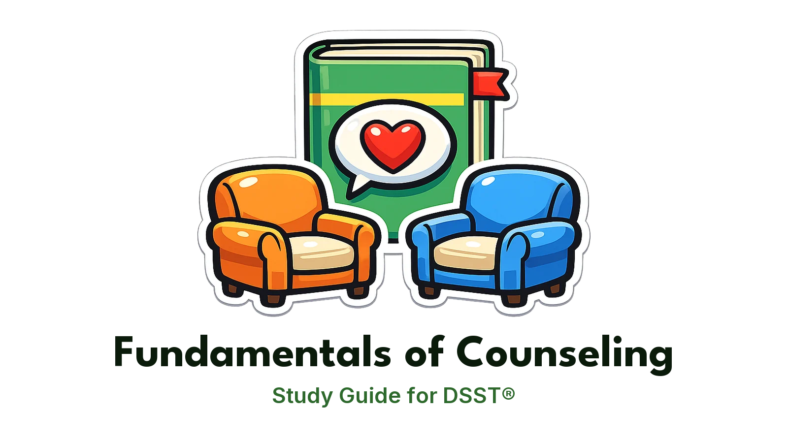 DSST Fundamentals of Counseling study guide: illustration of two armchairs and a speech bubble with a heart in front of a study booklet