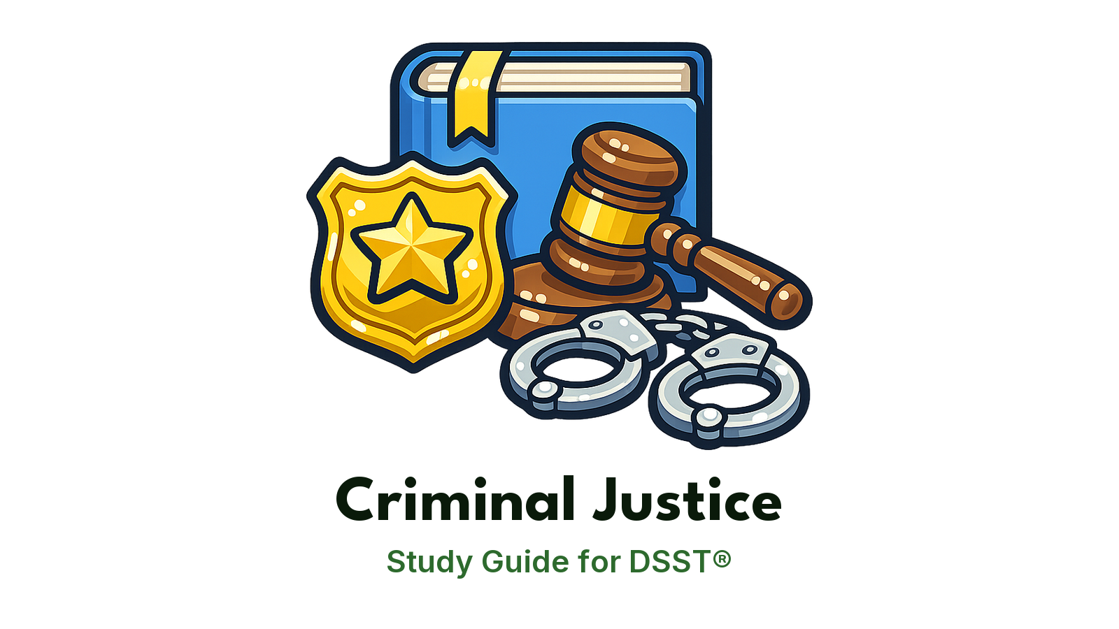 DSST Criminal Justice study guide: illustration of a badge, a gavel and handcuffs in front of a study booklet