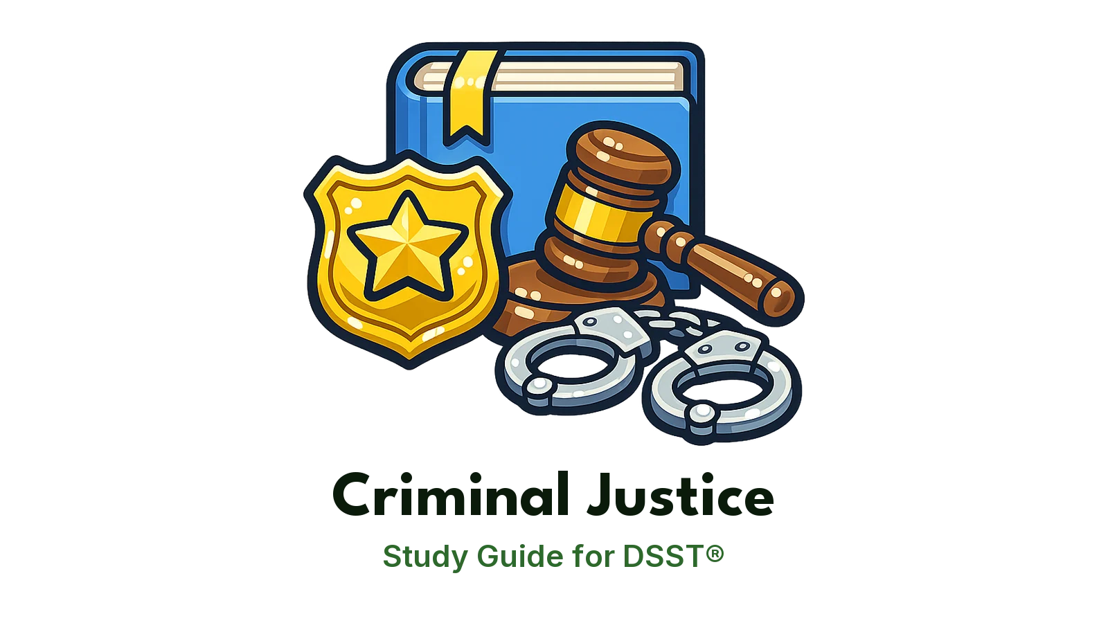 DSST Criminal Justice study guide: illustration of a badge, a gavel and handcuffs in front of a study booklet