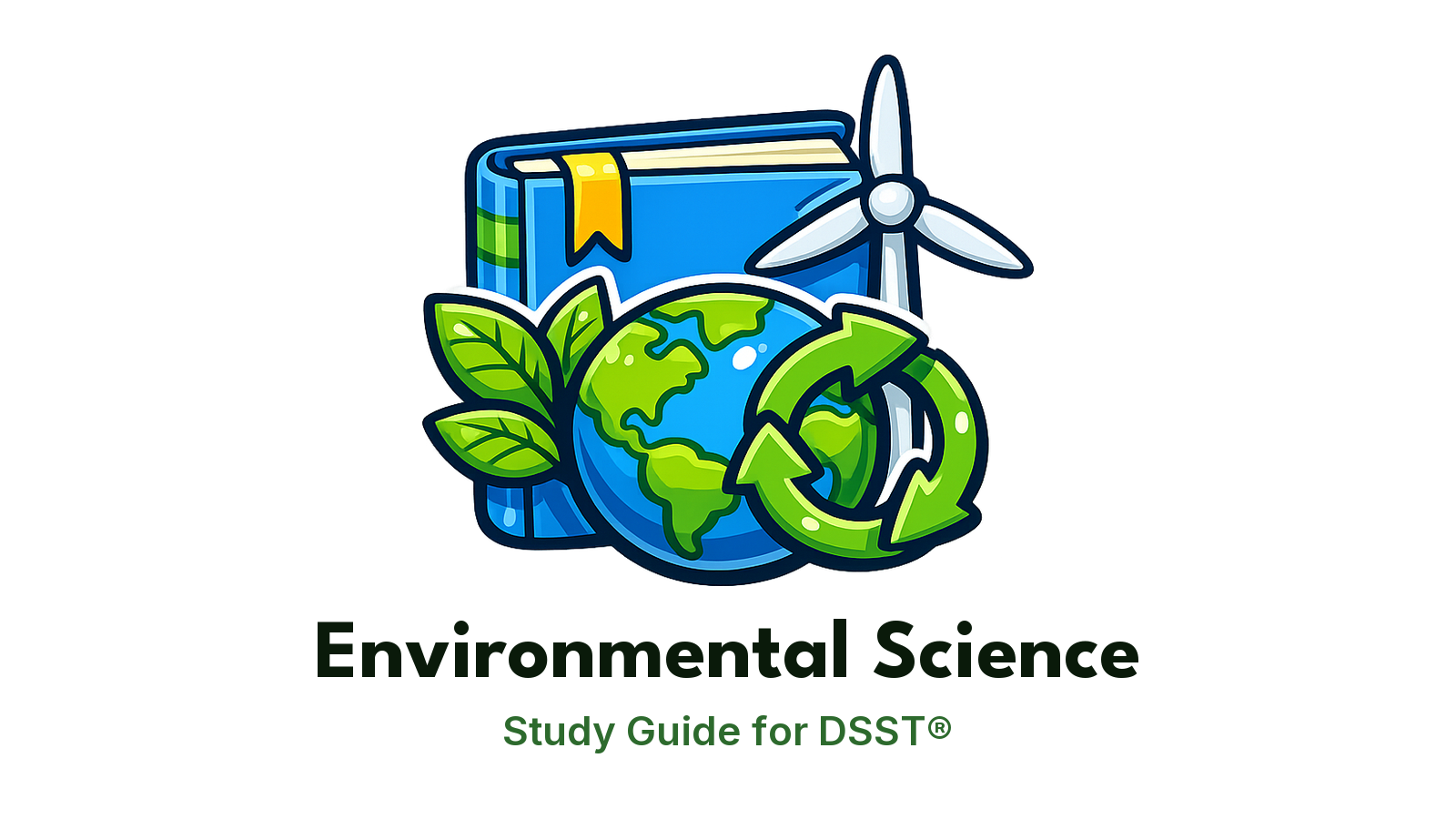 DSST Environmental Science study guide: illustration of a leafy globe, a wind turbine and recycling arrows in front of a study booklet