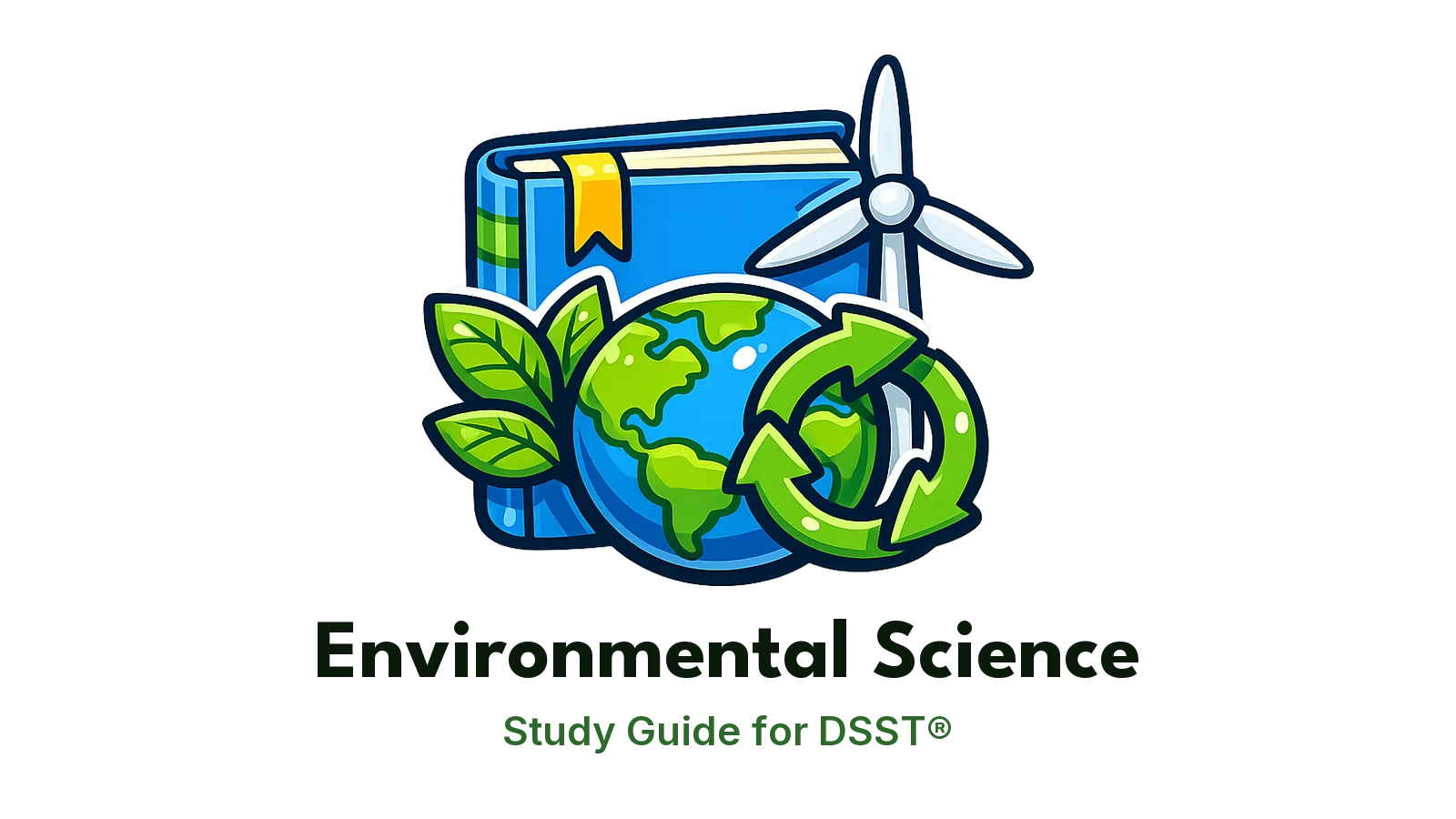 DSST Environmental Science study guide: illustration of a leafy globe, a wind turbine and recycling arrows in front of a study booklet