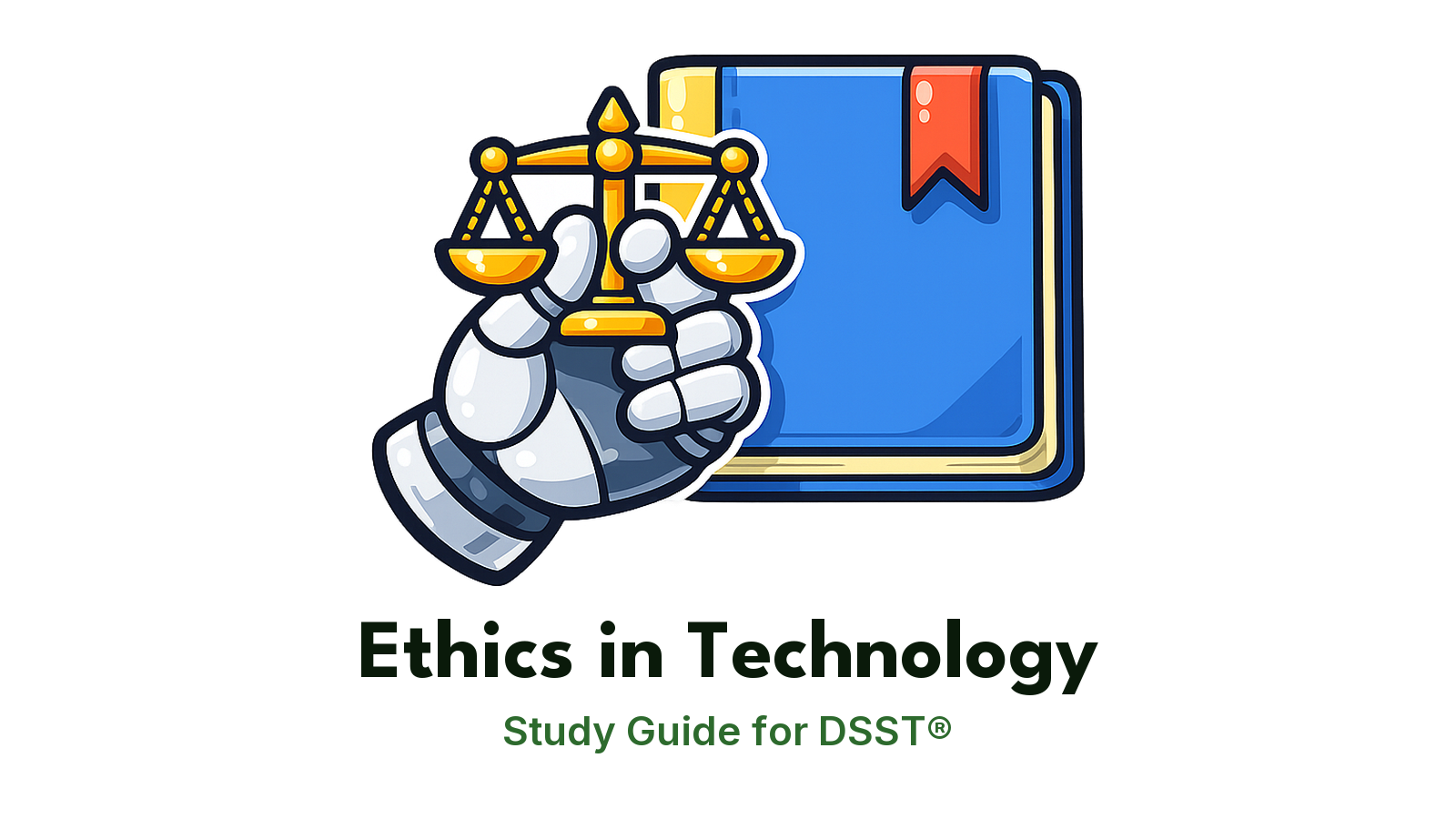 DSST Ethics in Technology study guide: illustration of a robot hand holding a balanced scale in front of a study booklet