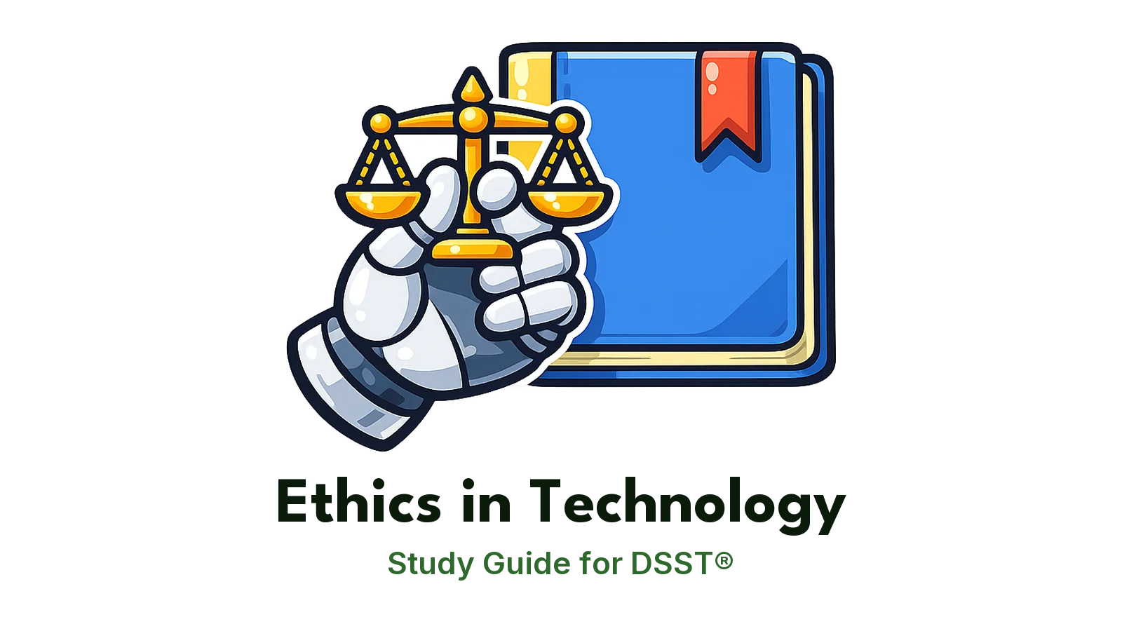 DSST Ethics in Technology study guide: illustration of a robot hand holding a balanced scale in front of a study booklet