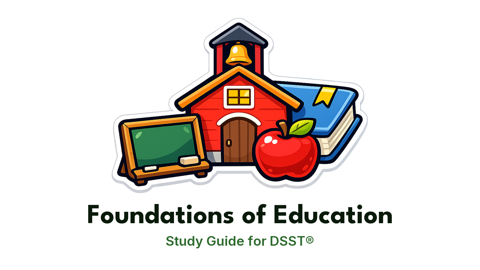 DSST Foundations of Education study guide: illustration of a schoolhouse, an apple and a chalkboard in front of a study booklet