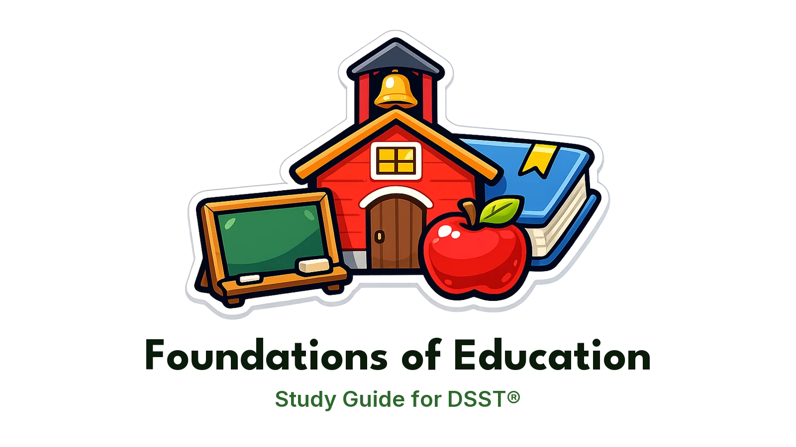 DSST Foundations of Education study guide: illustration of a schoolhouse, an apple and a chalkboard in front of a study booklet