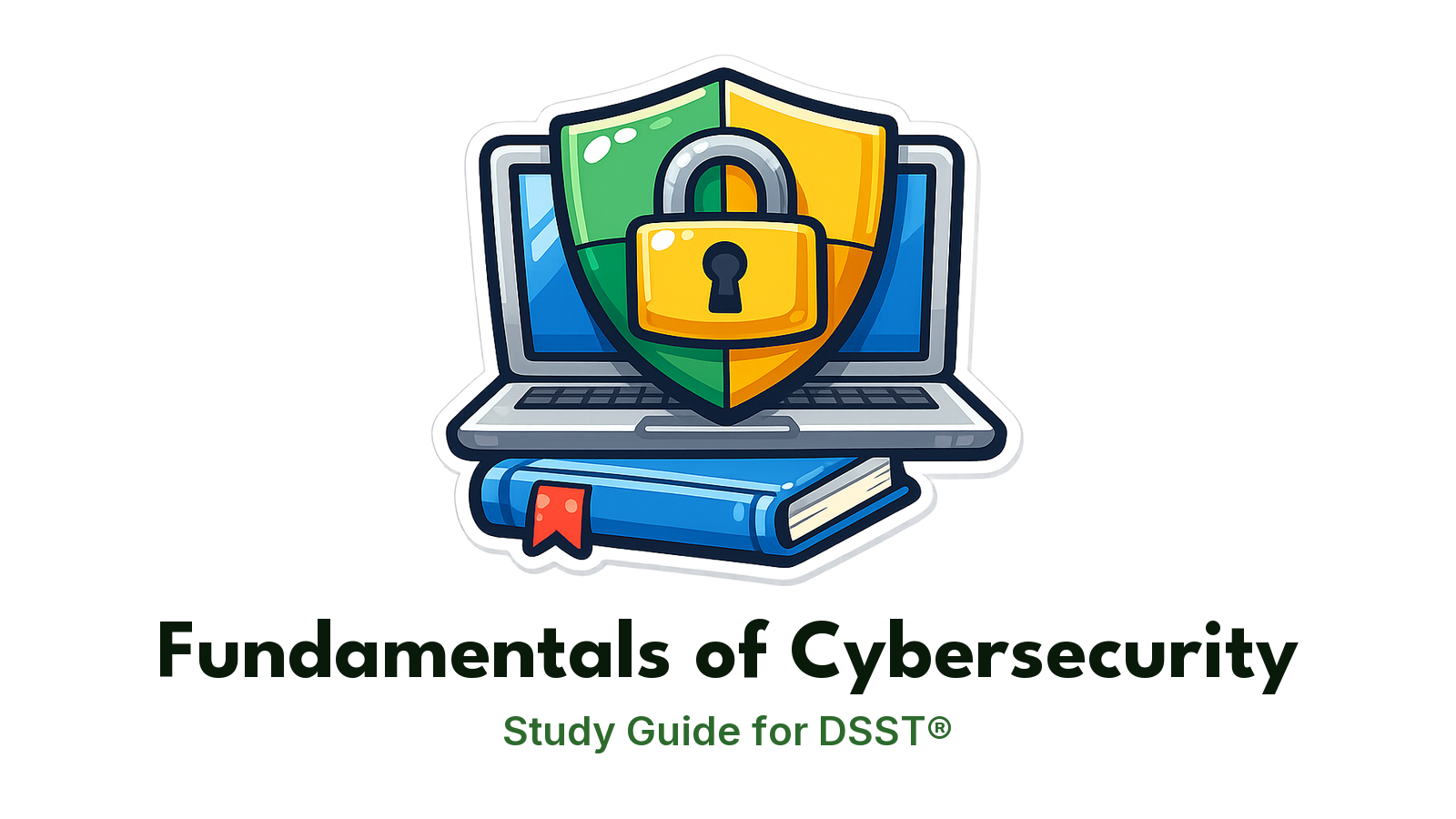 DSST Fundamentals of Cybersecurity study guide: illustration of a padlock shield and a laptop in front of a study booklet