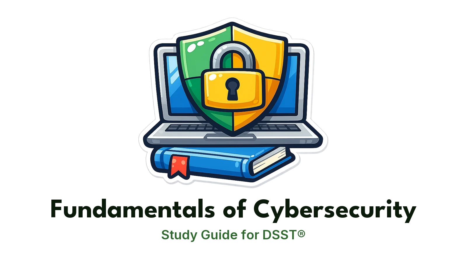 DSST Fundamentals of Cybersecurity study guide: illustration of a padlock shield and a laptop in front of a study booklet